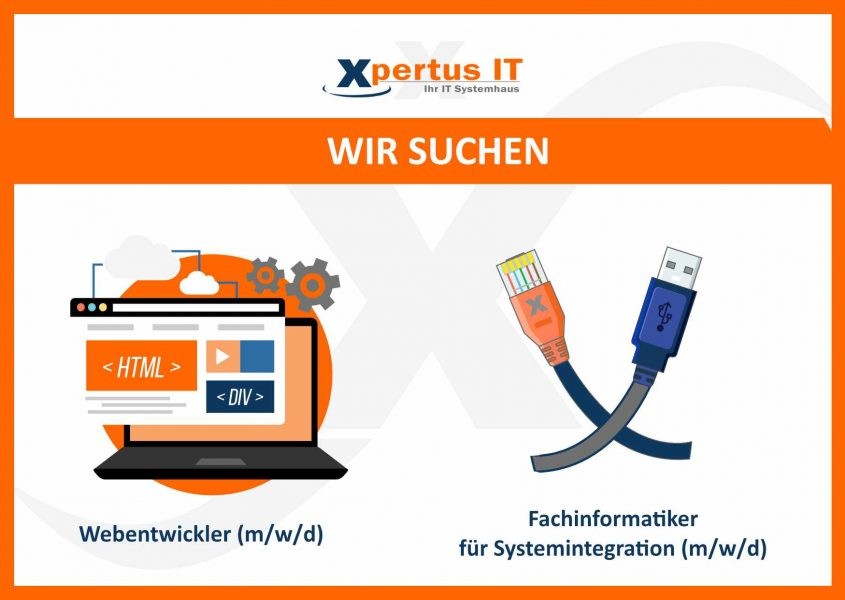 Stellenangebot für Webentwickler und Fachinformatiker für Systemintegration bei Xpertus IT, inklusive grafischen Elementen wie Laptop mit HTML-Code und USB-Kabel.