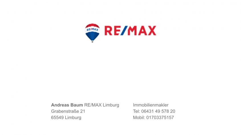 Visitenkarte von Andreas Baum, Immobilienmakler bei RE/MAX Limburg, mit Kontaktdaten und Adresse in Limburg.