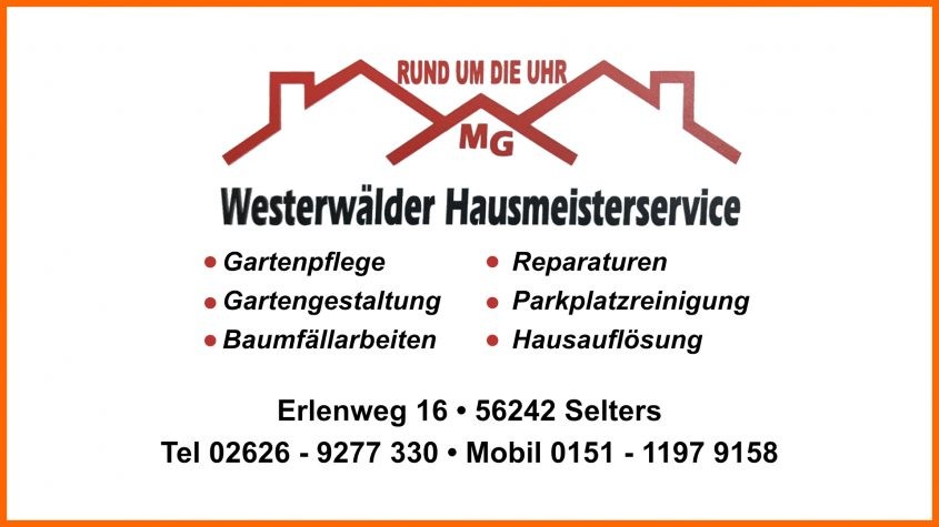 Alt-Text: Logo und Dienstleistungen des Westerwälder Hausmeisterservices mit Angeboten wie Gartenpflege, Reparaturen, Parkplatzreinigung und Hausauflösung, Adresse in Selters.