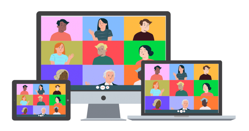 Illustration von mehreren Bildschirmen, die ein virtuelles Meeting zeigen, mit verschiedenen Personen in Videokonferenzfenstern. Die Bildschirme sind ein Desktop-Computer, ein Laptop und ein Tablet, die alle Teilnehmer in einer bunten Anordnung darstellen.