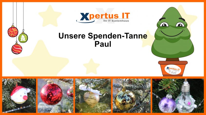 Festlich dekorierte Spenden-Tanne Paul von Xpertus IT mit bunten Christbaumkugeln und Weihnachtsmotiven, die zur Unterstützung von gemeinnützigen Zwecken dienen.