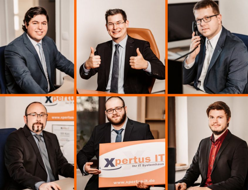 Team von Xpertus IT in professioneller Kleidung, bestehend aus sechs Mitarbeitern, die in verschiedenen Bürosituationen posieren. Die Bilder zeigen freundliche Gesichter, einen Mitarbeiter am Telefon und einen, der ein Schild mit dem Unternehmensnamen hält. Ideal für die Präsentation des IT-Systemhauses.