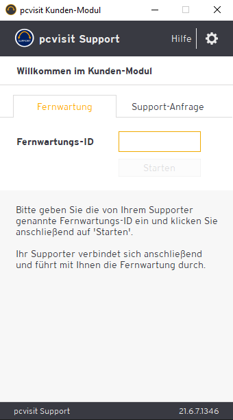 Screenshot des pcvisit Kunden-Moduls mit dem Titel "Willkommen im Kunden-Modul". Das Interface zeigt Optionen für Fernwartung und Support-Anfrage sowie ein Eingabefeld für die Fernwartungs-ID und einen "Starten"-Button. Anweisungen zur Eingabe der Fernwartungs-ID sind ebenfalls sichtbar.