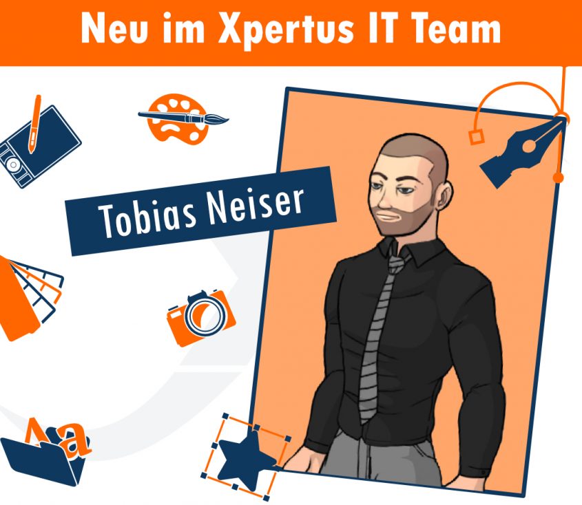 Aktuelles 63 Illustration von Tobias Neiser, neu im Xpertus IT Team, in formeller Kleidung mit Krawatte, umgeben von kreativen Icons wie Pinsel, Kamera und Schreibfeder.