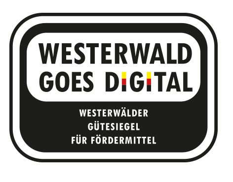 Logo von "Westwald goes digital" mit dem Slogan "Westwälder Gütesiegel für Fördermittel", das die Digitalisierung im Westerwald unterstützt.