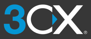 Logo von 3CX, einem Anbieter von VoIP-Telefonielösungen und Kommunikationssoftware, auf einem dunklen Hintergrund.
