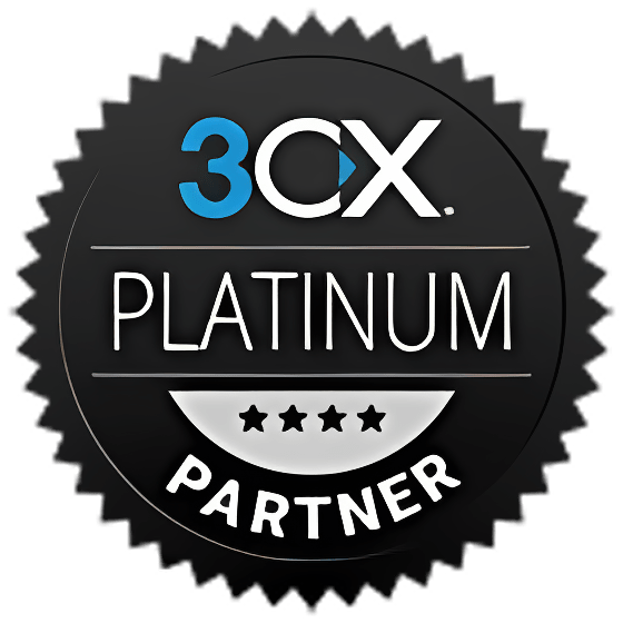 3CX Platinum Partner Abzeichen auf schwarzem Hintergrund, symbolisiert die hohe Partnerschaftsstufe und Expertise im Bereich VoIP-Kommunikation.