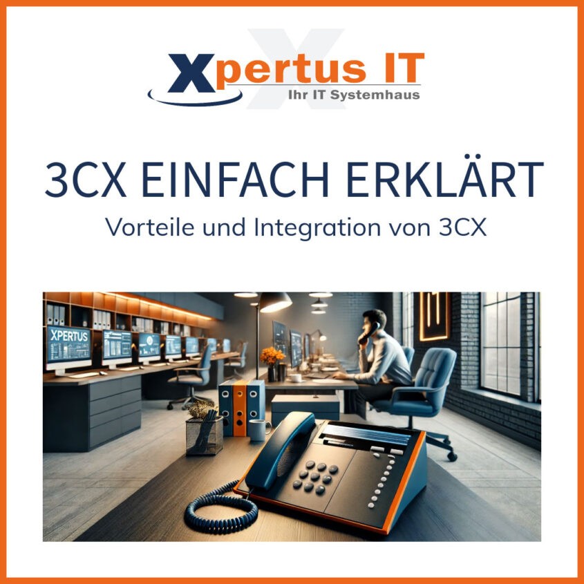 Aktuelles 17 Büro mit moderner IT-Ausstattung, in dem ein Mitarbeiter mit einem Telefon arbeitet. Der Fokus liegt auf der Erklärung der Vorteile und Integration von 3CX, präsentiert von Xpertus IT, einem IT-Systemhaus.