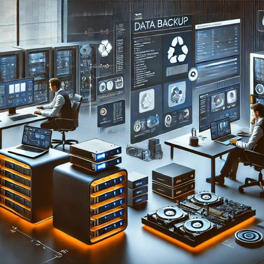 Aktuelles 15 Moderne Büroansicht mit zwei IT-Experten, die an Laptops und Monitoren arbeiten. Im Hintergrund sind Server und Datenspeichergeräte sichtbar, während auf großen Bildschirmen Datenbackup-Informationen angezeigt werden.