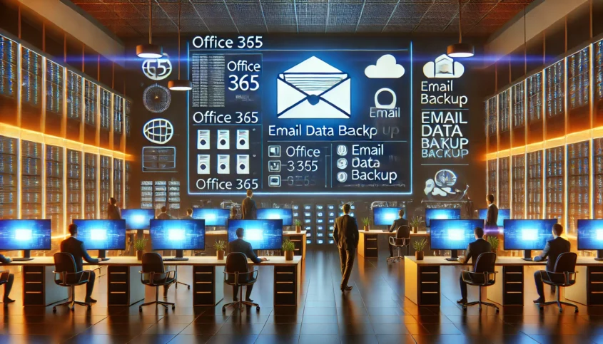 Büro mit mehreren Arbeitsplätzen, ausgestattet mit modernen Computern, in einer Umgebung für Datenmanagement. Eine große Wand zeigt grafische Elemente zu Office 365, E-Mail-Backup und Datenbackup, während Fachkräfte an den Bildschirmen arbeiten.