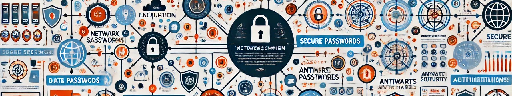 Infografik zu Netzwerksicherheit mit Fokus auf sichere Passwörter, Datenverschlüsselung und Anti-Malware-Strategien. Enthält Symbole und Grafiken zu Passwortverwaltung und Sicherheitsprotokollen.