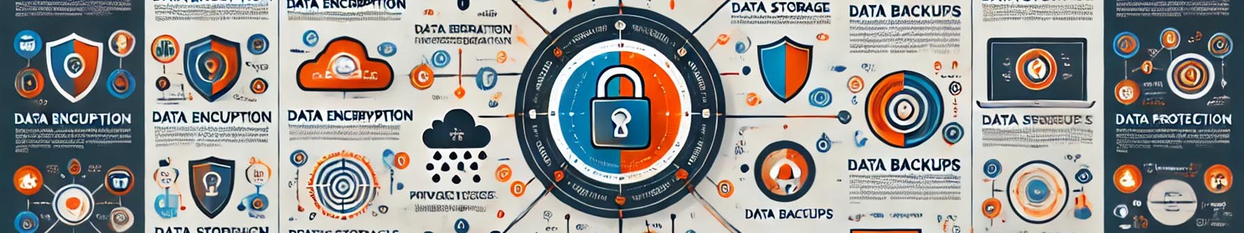 Grafik zur Datensicherheit, die Konzepte wie Datenverschlüsselung, Datenspeicherung, Datensicherung und Datenschutz visuell darstellt. Enthält Symbole und Diagramme zur Veranschaulichung von Sicherheitsmaßnahmen für digitale Daten.