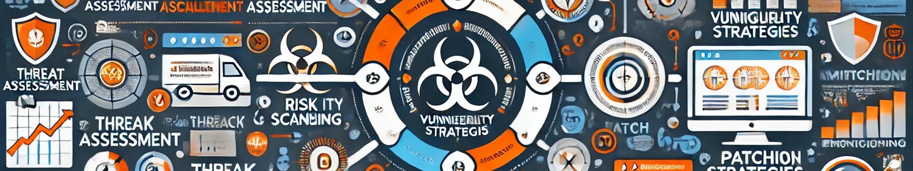Grafische Darstellung von Bedrohungsbewertung, Risikoscanning und Strategien zur Verwundbarkeit, einschließlich Diagrammen und Symbolen für Cyber-Sicherheit und Patch-Management.