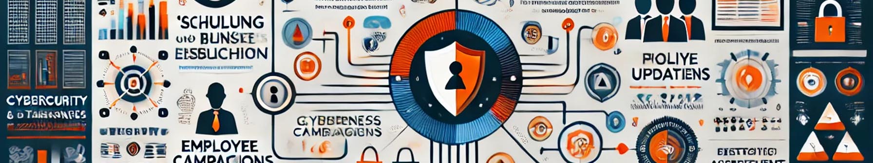 Infografik zu Cybersecurity mit Fokus auf Schulungen, Mitarbeiterschulungen und Richtlinienupdates, die wichtige Sicherheitsstrategien und Kampagnen zur Sensibilisierung darstellen.