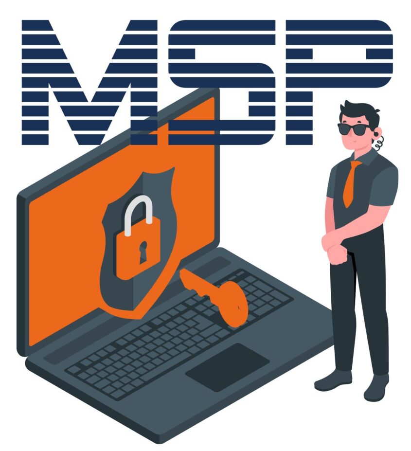 Illustration eines IT-Sicherheitsdienstleisters mit Laptop, Schloss und Schlüssel, symbolisiert Managed Service Provider (MSP) und digitale Sicherheit.