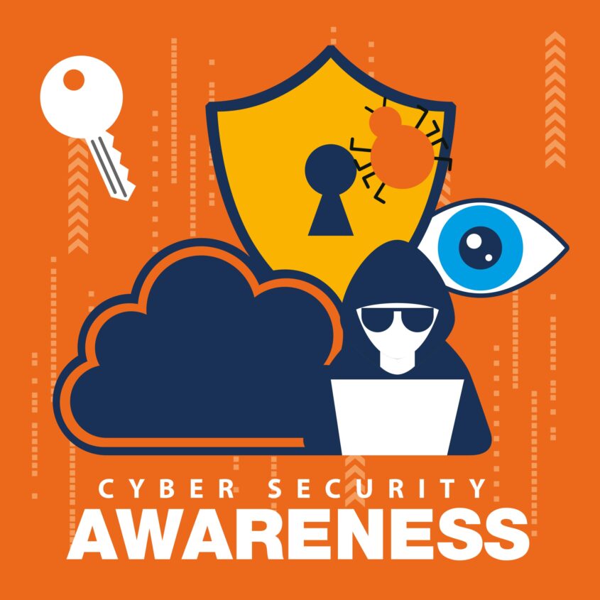 Illustration zur Cyber-Sicherheitsbewusstsein mit einem Schlüssel, einem Schutzschild, einem Hacker mit Laptop und einem Auge. Das Bild hebt die Bedeutung von Sicherheit im digitalen Raum hervor.