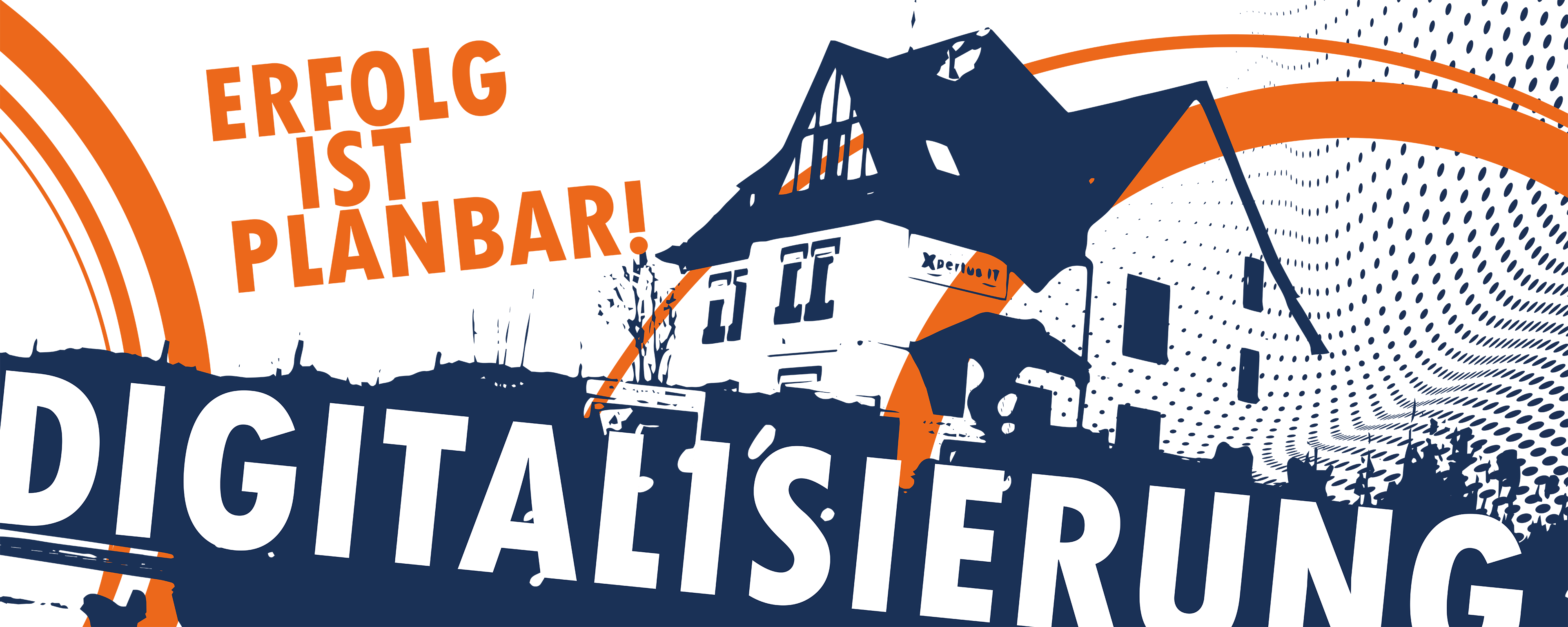 Grafik mit dem Text "Erfolg ist planbar! Digitalisierung" vor einem stilisierten Gebäude, das die Themen Digitalisierung und strategische Planung visuell darstellt.