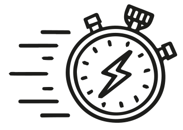 Icon einer Stoppuhr mit einem Blitzsymbol, das Geschwindigkeit und Effizienz symbolisiert.