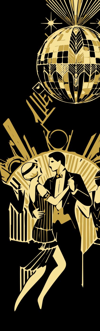 Stilisierte Grafik, inspiriert vom Roman 'Der große Gatsby', mit Art-Déco-Elementen