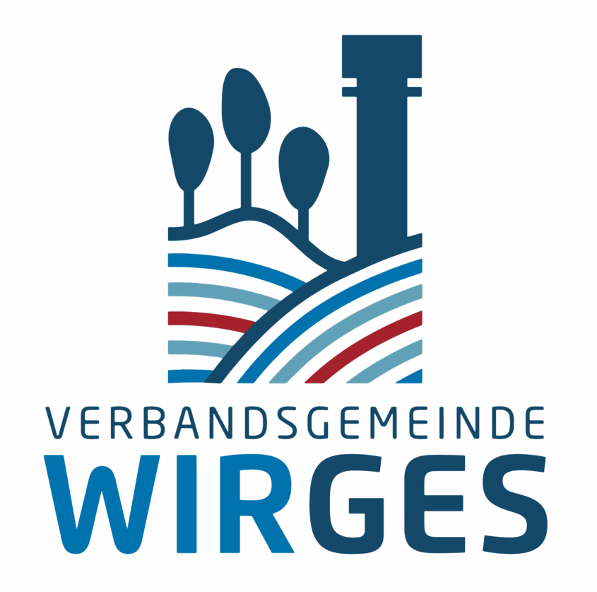 Logo mit stilisiertem Schriftzug 'Verbandsgemeinde Wirges', grafische Elemente in Blau und Grün