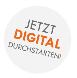 Kreisförmiges Logo mit dem Text "Jetzt digital durchstarten!" in grauer und oranger Schrift, das zur digitalen Transformation und Innovation anregt.