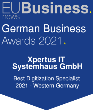 Auszeichnung für Xpertus IT Systemhaus GmbH als bester Digitalisierungsspezialist 2021 im Westen Deutschlands bei den EU Business News German Business Awards.